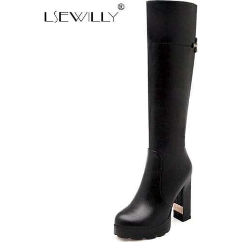 Lsewilly 2021 Big Size 33-43 Women Boots Thick Heels Round Toe Winter Knee High Boots Top Quality Solid Color Ladies Shoes