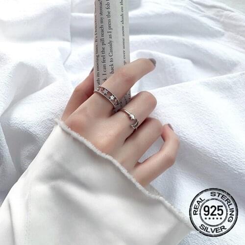 S925 Silver Moon Star Rings For Women Opening Adjustable Fashion Korean Trend Punk Vintage Lady Girl Party Fine Jewelry INEFFA