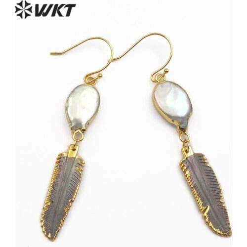 WT-E494 Boho Pearl&Shell Earring Jewelry Teardrop Shape Freshwater Pearl Connect With Black Shell Feather Women Fashion Earring