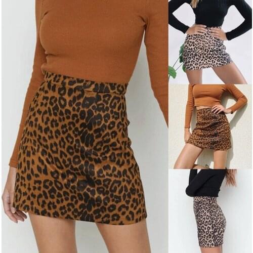 Womens Skirts Summer Fashion Sexy Female High Waist Suede Leopard Print Zip A-Line Skirts