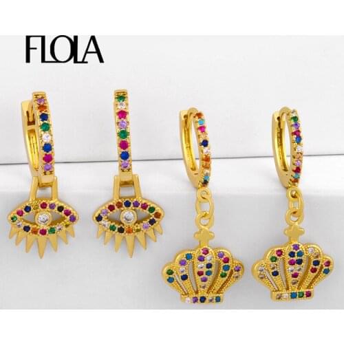 FLOLA Gold Evil Eye Earrings For Women With Crystal Cute Crown Drop Earrings Turkish Eye Jewelry CZ Huggie pendientes erst10
