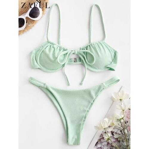 ZAFUL Ribbed Tie Push Up Bikini Set Women Underwire Padded Bandage Swimwear Summer Sexy Cutout Female Beachwear Bathing Suit