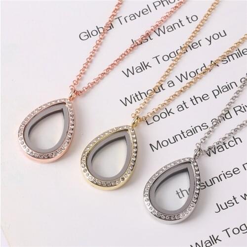 1pcs Water drop Teardrop with Rhinestone Magnetic Glass Alloy Lockets Living Memory Floating Charm necklace for Women 60cm chain