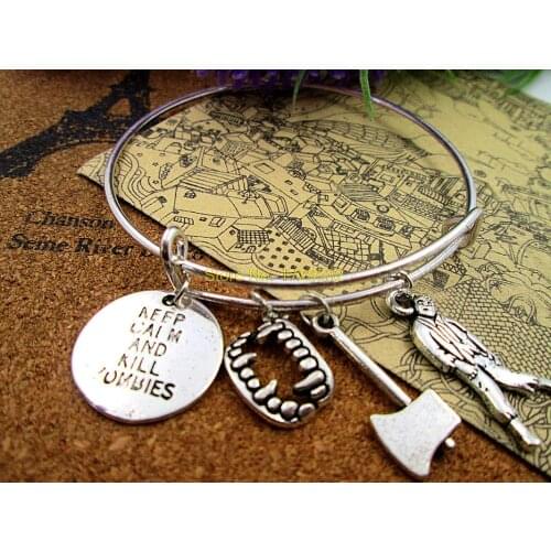 3pcs/lot Hot sale 65mm bangles with keep calm and kill zombies,axe,zombies,teeth,the walking dead charms