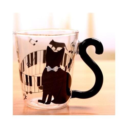 300-400ML Free Shipping Black&white Piano Cat Cartoon Glass Mugs Lovers Milk Coffee Juice Cup with Handle