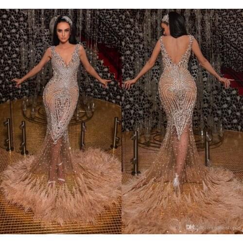 Arabic Luxurious Mermaid Evening Dresses Beaded Crystals Feather Prom Dresses Backless Formal Party Pageant Gowns