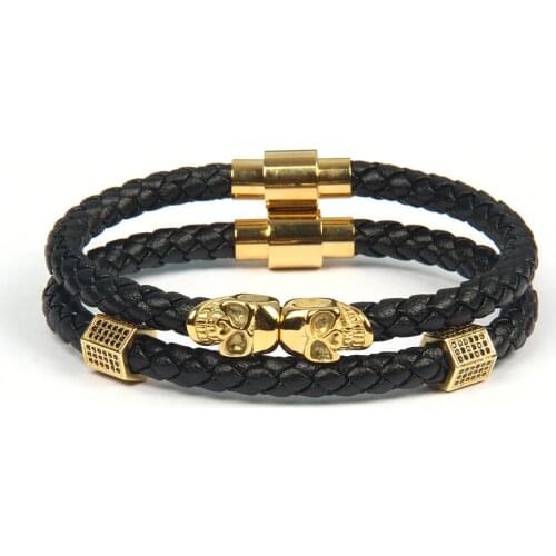 Ailatu 2pcs/Set Fashion Men Jewelry Black Braided Leather Double Cool Skull Bracelets Stainless Steel Mens Bracelet