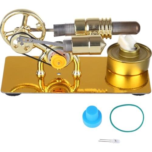 Hot Air Stirling Engine External Combustion Engine Model with LED Bulb - Golden