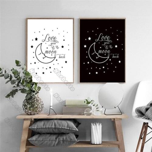 Nordic Style Canvas Painting Wall Poster Cartoon Moon and Little Stars In White and Black Background for Home Rooms Decoration