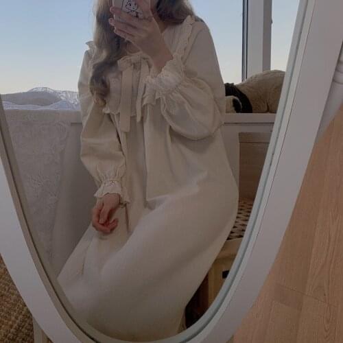 Ins French Autumn Long Sleepwear Patchwork Ruffles Sweet Home Clothes Cotton Nitghtgown Nightdress Casual Bow Long Sleeve