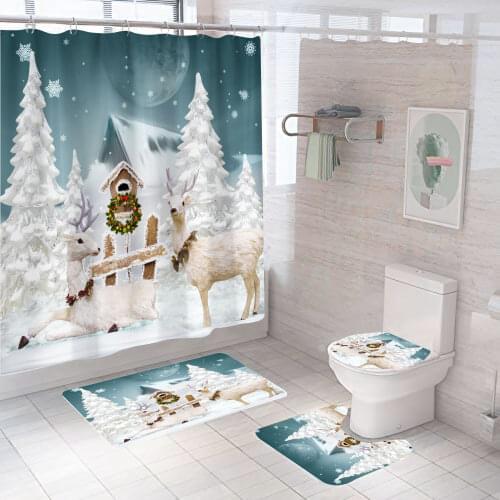 Hot Sale Merry Christmas Shower Curtain Bathmat Set Deluxe Waterproof Shower Curtain Toilet Cover Cushion 3/4 Piece Bathroom Set