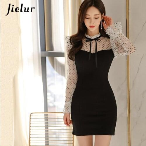 Jielur New Mesh Patchwork Womens Dress Korean Fashion Dress OL Elegant Package Hip Dresses Vestidos Femme Black Autumn Winter