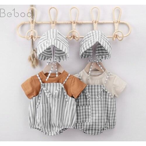 Ins Baby Jumpsuit Boys And Girls Striped Short Sleeve Climbing Clothing With Hat Three-pieces Suit For 0-24months Babies Infant