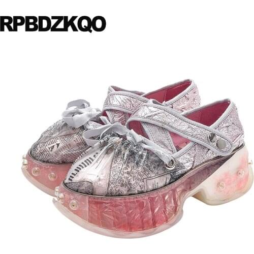 Sneakers Printed Creepers Transparent Elevator Muffin Handmade Wide Fit Shoes Ladies Platform Genuine Leather Pink Flats Women