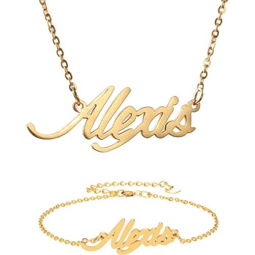 Fashion Stainless Steel Name Necklace + Bracelet Set " Alexis " Script Letter Gold Choker Chain Necklace Pendant Nameplate Gift