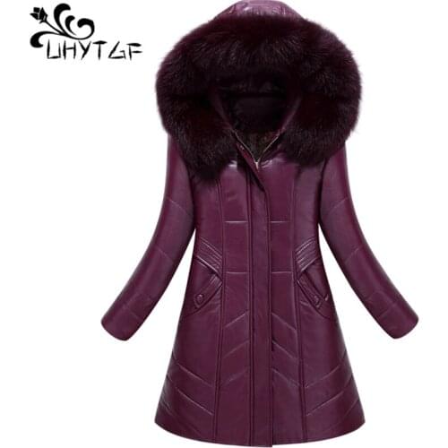 UHYTGF L-7XL Fashion Fur collar Hooded Winter leather jackets womens Luxury leather jacket down cotton Slim Warm Female Coat 126