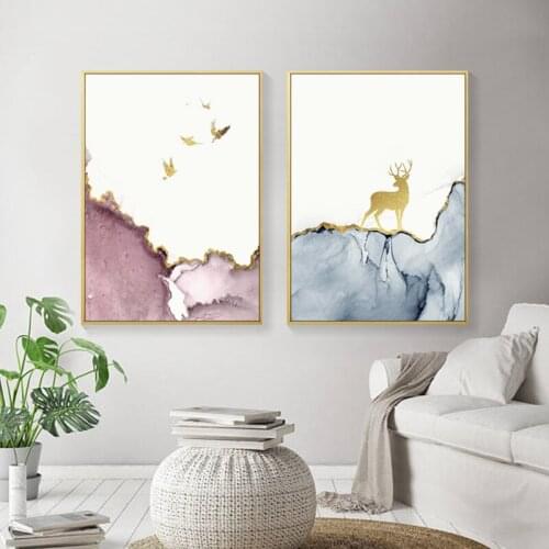 Fawn Wall Art Canvas Painting, Blue-gray Abstract Nordic Art, Smoke Print Wall Image, Golden Blue Living Room