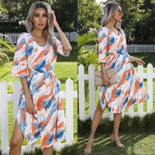 2021 Summer New Style French Printed Tie-dye Vneck Lace-up Trumpet Sleeve Shirt Loose Waist Mid-length Dress Female A-line Skirt