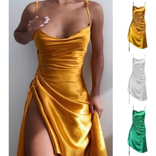 TIESOME Sexy Backless Cross Bandage Mini Satin Split Dress Women Elegant Bodycon Party Club Clothes 2021 Summer Slim Dresses