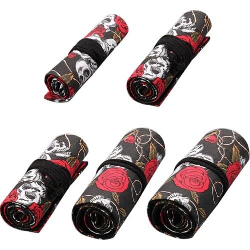Rose Skull 12/24/36/48/72 Holes Canvas Roll Pen Curtain Pencil Bag Case Makeup Wrap Holder Storage Pouch