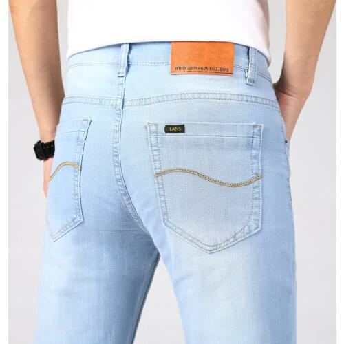 2021 Summer New Mens Denim Shorts Business casual Style Sky Blue high Elastic Solid Color Slim fit thin Jeans Male Brand