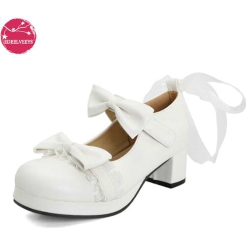 Womans Med Heel Vintage Lolita Shoes Cute Bowknot Mary Jane Fashion Girls Rockabilly Lace Pumps with Double Bow Spring Autumn