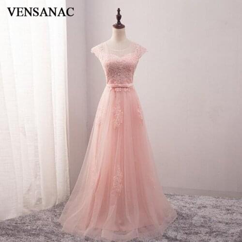 VENSANAC 2018 Bow Sash O Neck Beadings Long A Line Evening Dresses Elegant Party Lace Appliques Tulle Prom Gowns