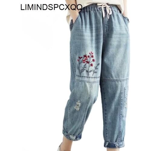 LIMINDSPCXQQ 2021 Chinses Style Women Vintage Ripped Jeans Ladies Embroidery Holes Washed Denim Pants Cuffs Trousers Big Size
