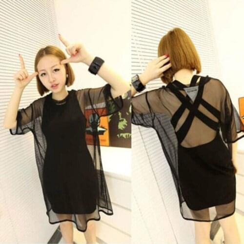 Womens sexy Transparent See-through Long T-Shirt Mesh Sheer T-shirt Female Summer Sexy O-Neck Solid Shirts