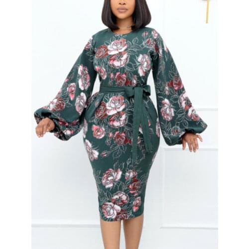 Women Long Sleeve Dresses Classy Floral Printed Puff Sleeve Waist Belt Knee Dress Elegant Ladies African Fashion Fall 2021