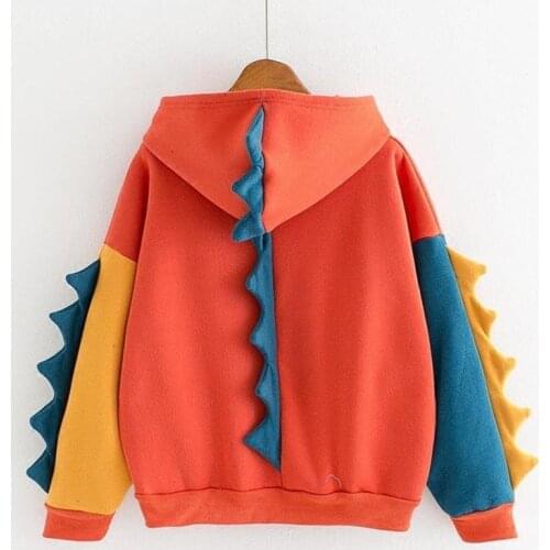 Harajuku Hoodies Autumn Women 2020 New Patchwork Cute Kawaii Sweatshirt Teen Long Sleeve Oversize Hooded Pullover Dinosaur Tops