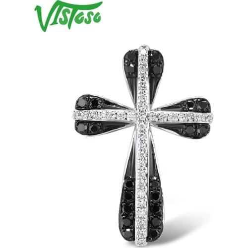 VISTOSO Gold Pendants For Women Genuine 14K 585 White Gold Sparkling Diamond Black Diamond Cross Necklace Pendant Fine Jewelry