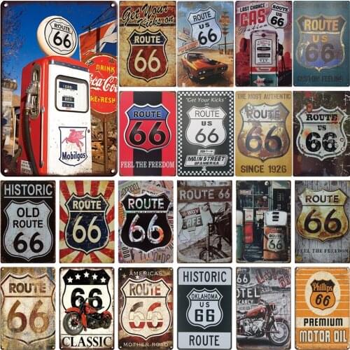 Route 66 Tin Sign Retro Garage Gas Station Pub Bar Decor Shabby Chic Plaque Metal Signs Home House Wall Poster Vintage Plates