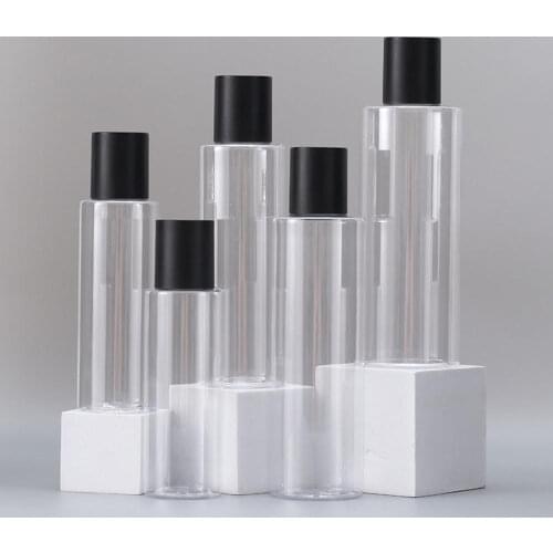 1 Pcs 100/120/150/200/250 ml Empty PET Bottle Black Cap Flat Shoulder Transparent Toner Bottle Cosmetic Refillable Bottles