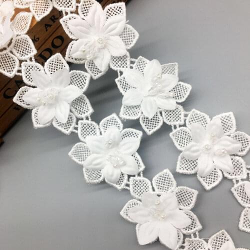 1 yard 4.5x4.5cm White Pearl Flower Floral Embroidered Lace Trim Ribbon Applique Patches Wedding Dress Fabric Sewing Craft