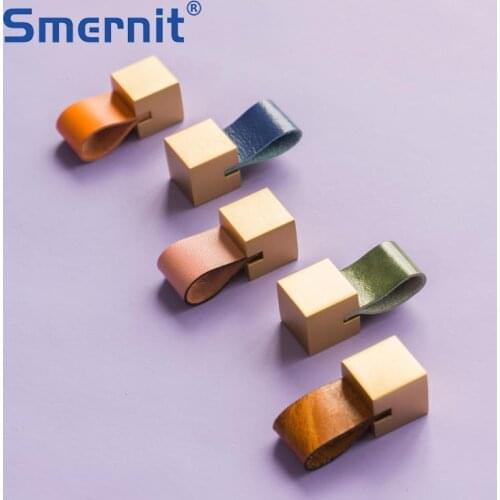 4pcs Leather Brass Door Pulls for Cabinet Kitchen Handles Cupboard Furniture Handle Copper Drawer Knob Colorful Orange Pink Blue