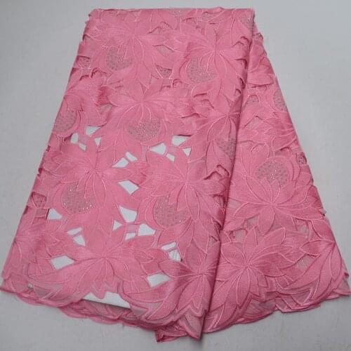 5yards/pc) High grade pink African voile lace wonderful embroidered hand cut Swiss cotton lace fabric with stones CLP317