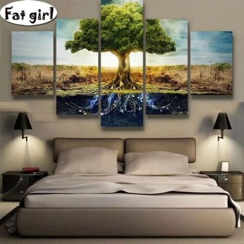 5 panel Diamond Painting Colourful leaf tree cross stitch 5D diy Embroidery mosaic Decorative painting full square round drill