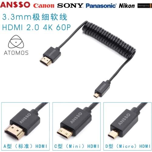 Ansso HDMI 2.0 4K 60P SLR stabilizer Super light soft HDMI spring line Mini Micro Atomos 3.3mm diameter fine line SHOGUN 7