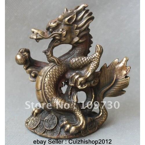 Free shipping Lucky Chinese Folk Fengshui Bronze Fly Zodiac Year Wealth Dragon Statue Figurine ship (C0324)