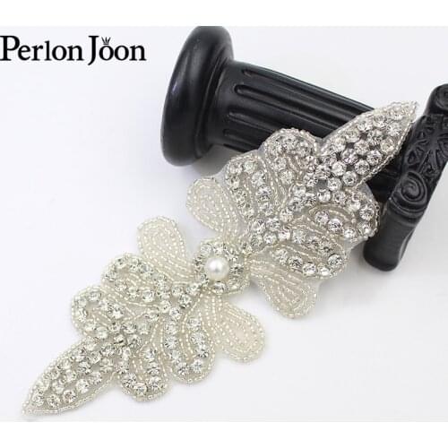 1PC Glitter Handmade glass Rhinestone Applique Sewn on Wedding Dress silver leaf Crystal Patch Decoration Accessories WH018