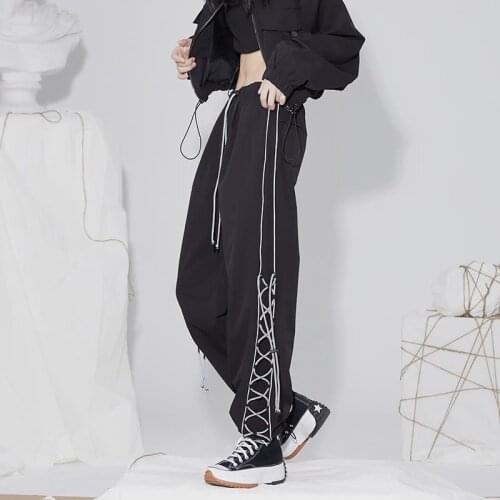 Casual pants women summer new overalls high street Korean loose leggings reflective tying rope sports female casual trousers