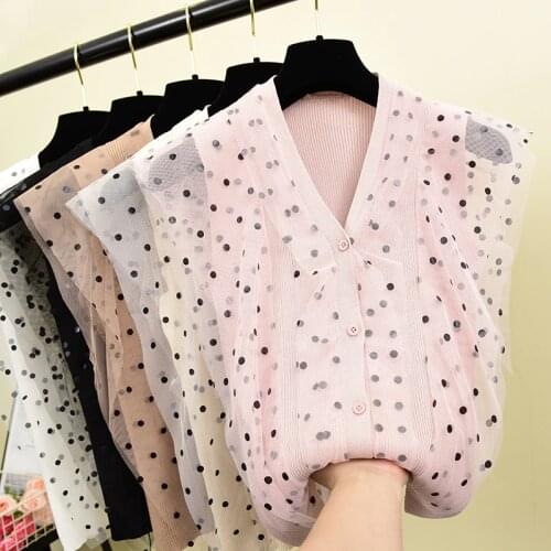 Women V-Neck Knitted Sleeveless Patchwork Dot Mesh Sweaters Cardigans Lady Knit Sweet Stretchy Thin Tank Top for Female