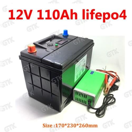 GTK 12V 110AH lifepo4 battery not li ion With BMS for 1200w camping backup power Energy storage EV lamp Speaker +10A Charger