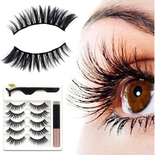 Beauty 5 Pairs Makeup Magnetic Lashes Natural 3D Mink Eyeliner&Tweezer False Tool Liquid Magnet Set Eyelashes Dounle Extens Y3E6