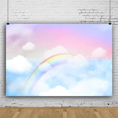 Cartoon Backdrop Peach Blue Clouds and Rainbow Photography Background Baby Shower Celebration Photo Booth Studio Decor