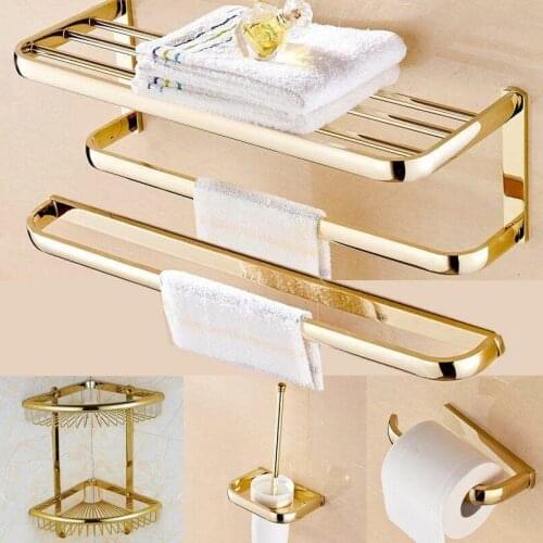 Bathroom Accessories Set Gold Brass Square Paper Tissue Holder Towel Bar Soap Basket Towel Rack Glass Shelf Bath Hardware Set