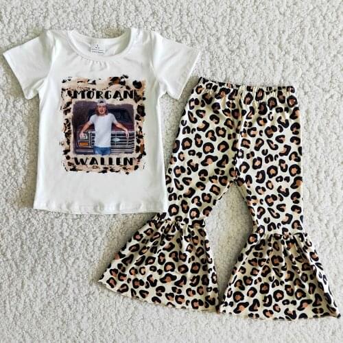 Latest Kids Girls Boutique Clothes Outfits Baby Girls Designer Clothes Sets Leopard Bell Bottom Pants Wholesale Children Clothes