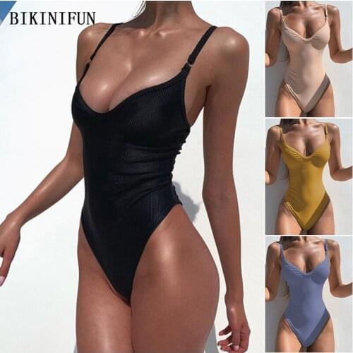 2020 New Sexy Ribbed Monokini Women Solid Color Swimsuit Deep V Swimwear S-XL Girl Backless Beachwear Mini Thong One Piece Suit