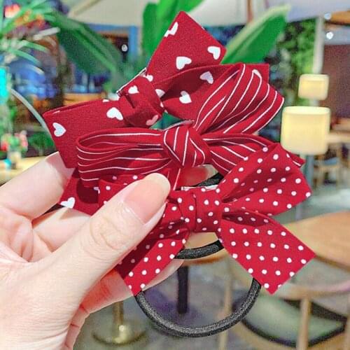 2021 New Girls Red Butterfly Knot Hair Rope Love Wave Spot Hair Circle Girl Double Horsetail Head Rope Fashion Hair Accessories